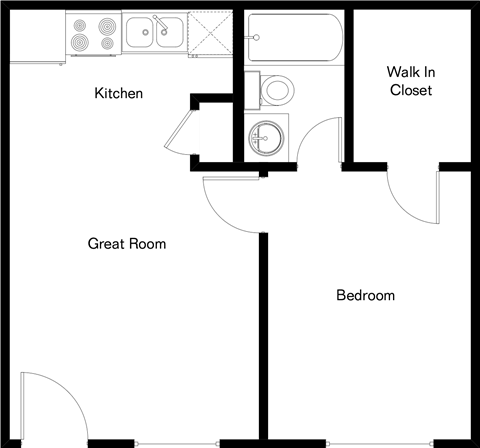 Floor plan for 1 bed, 1 bath, 420 sqft